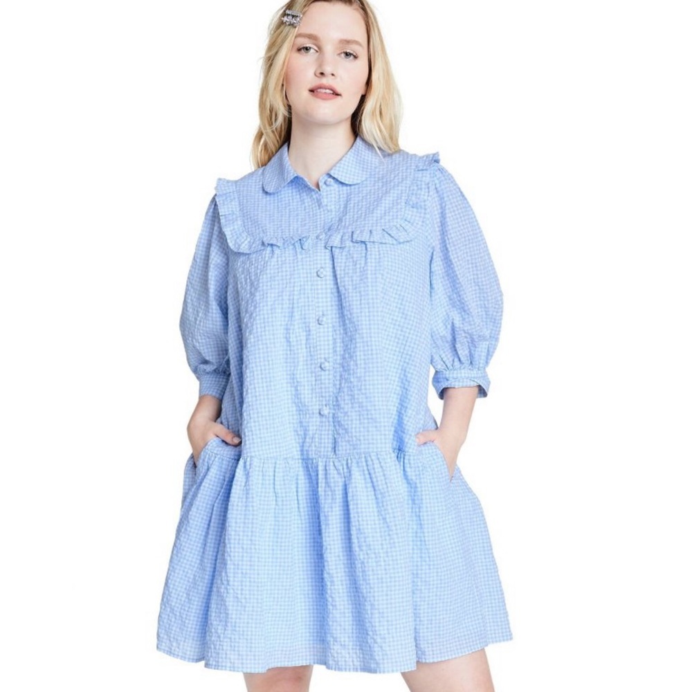 NWOT Sandy Liang Blue Gingham 3/4 Sleeve Dress - Picture 7 of 12